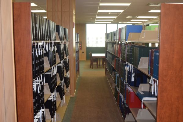 Stacks of books inside the National Archives of the Blind People’s Movement.