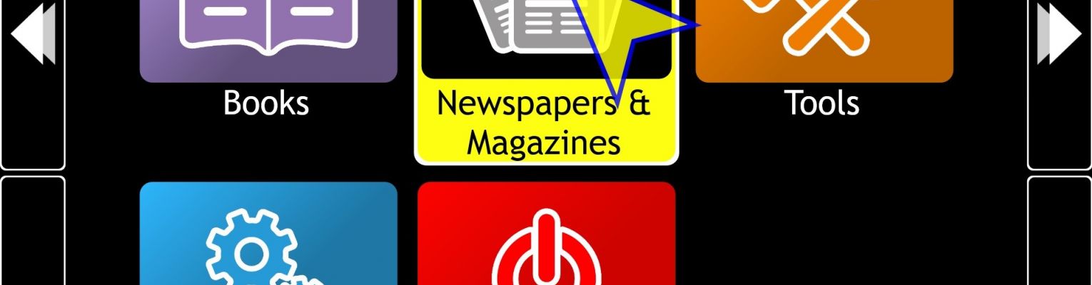 The main menu of the GuideReader Pod with options for Books, Newspapers & Magazines, Tools, Settings, and Exit.